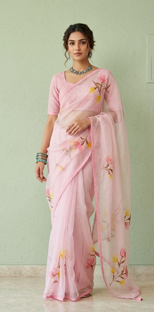 Hand painted light pink organza saree