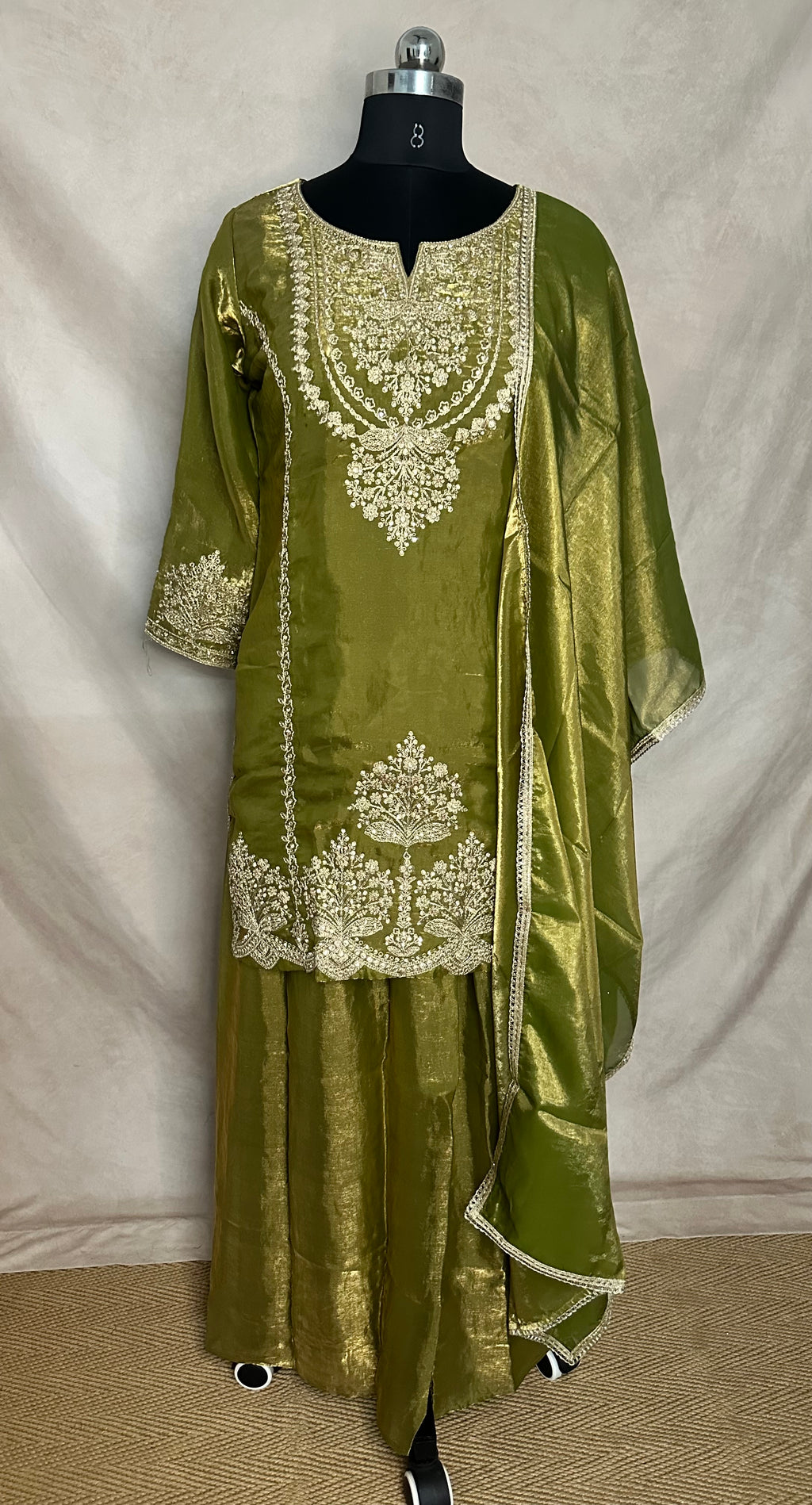 Tissue crepe silk short kurti with Palazzo and dupatta