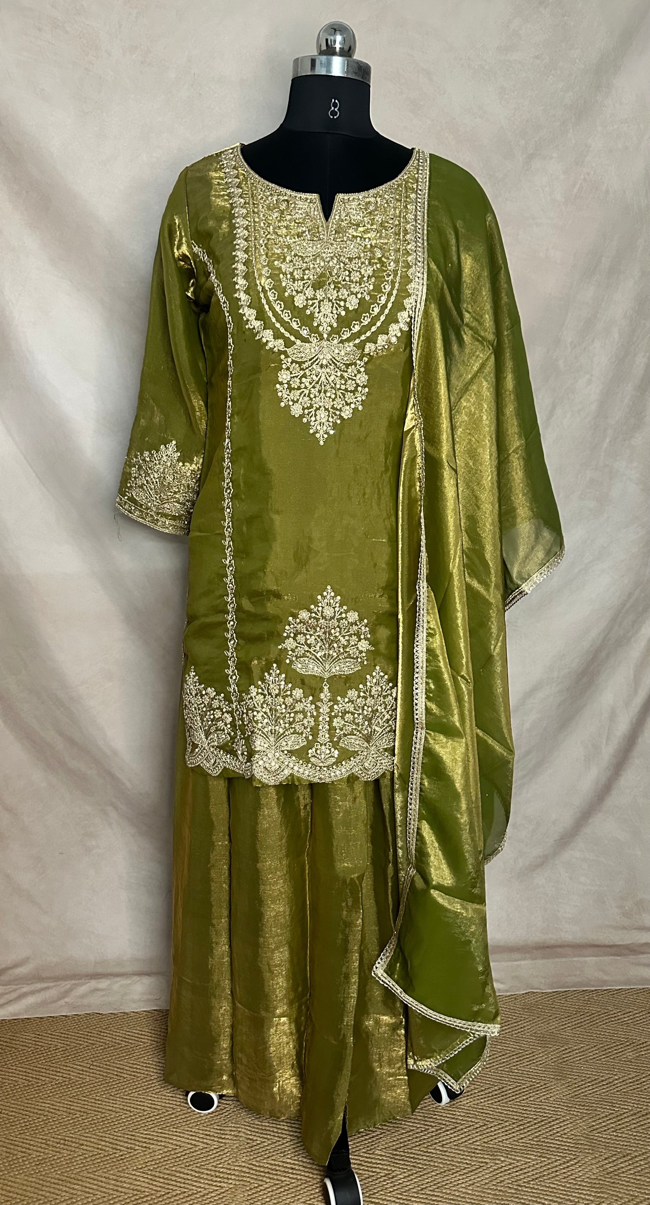 Tissue crepe silk short kurti with Palazzo and dupatta
