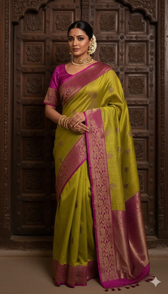 Pure silk Tussar Banarsi saree with stitched blouse