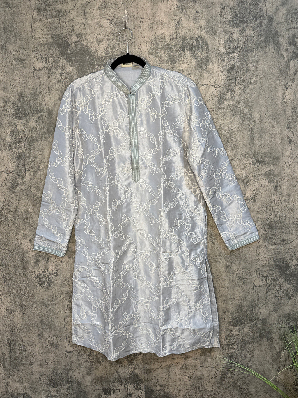 Light grey kurta with self embroidery