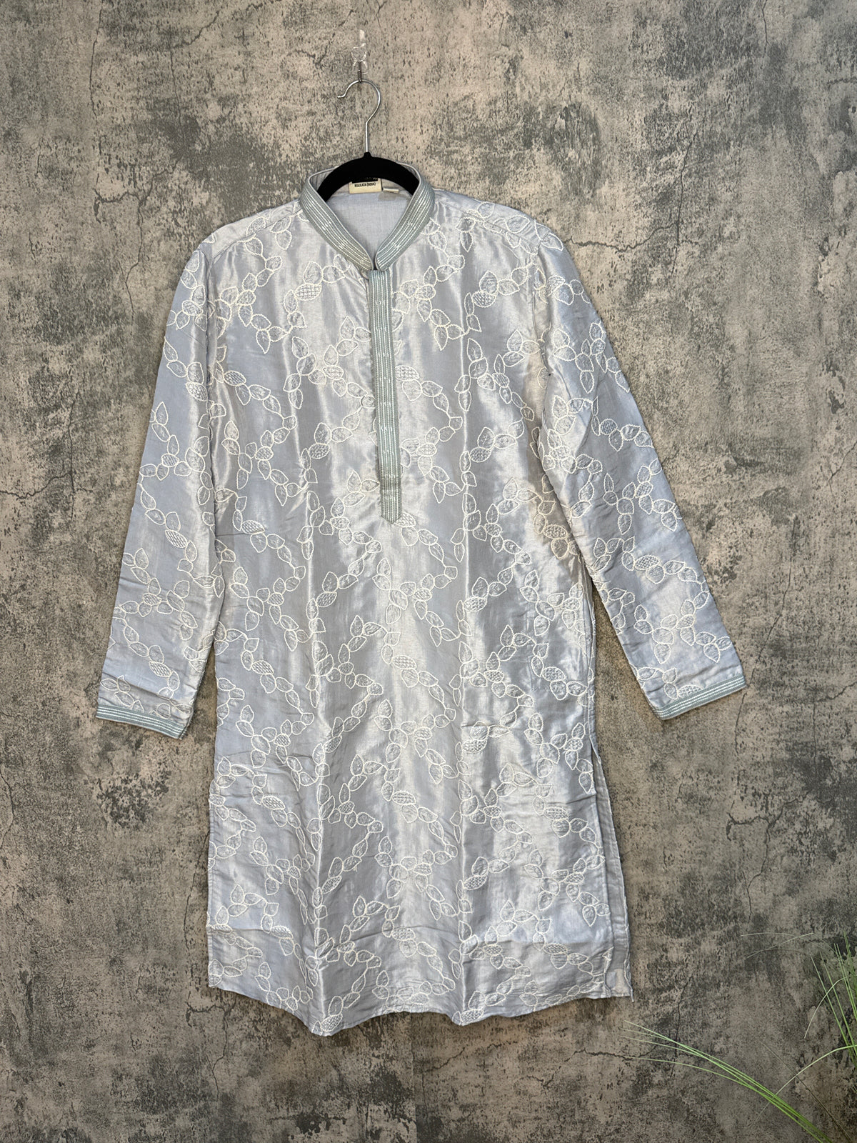 Light grey kurta with self embroidery