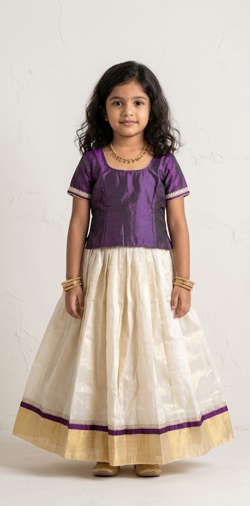 Onam skirt with wine red silk blouse - 5-6yr