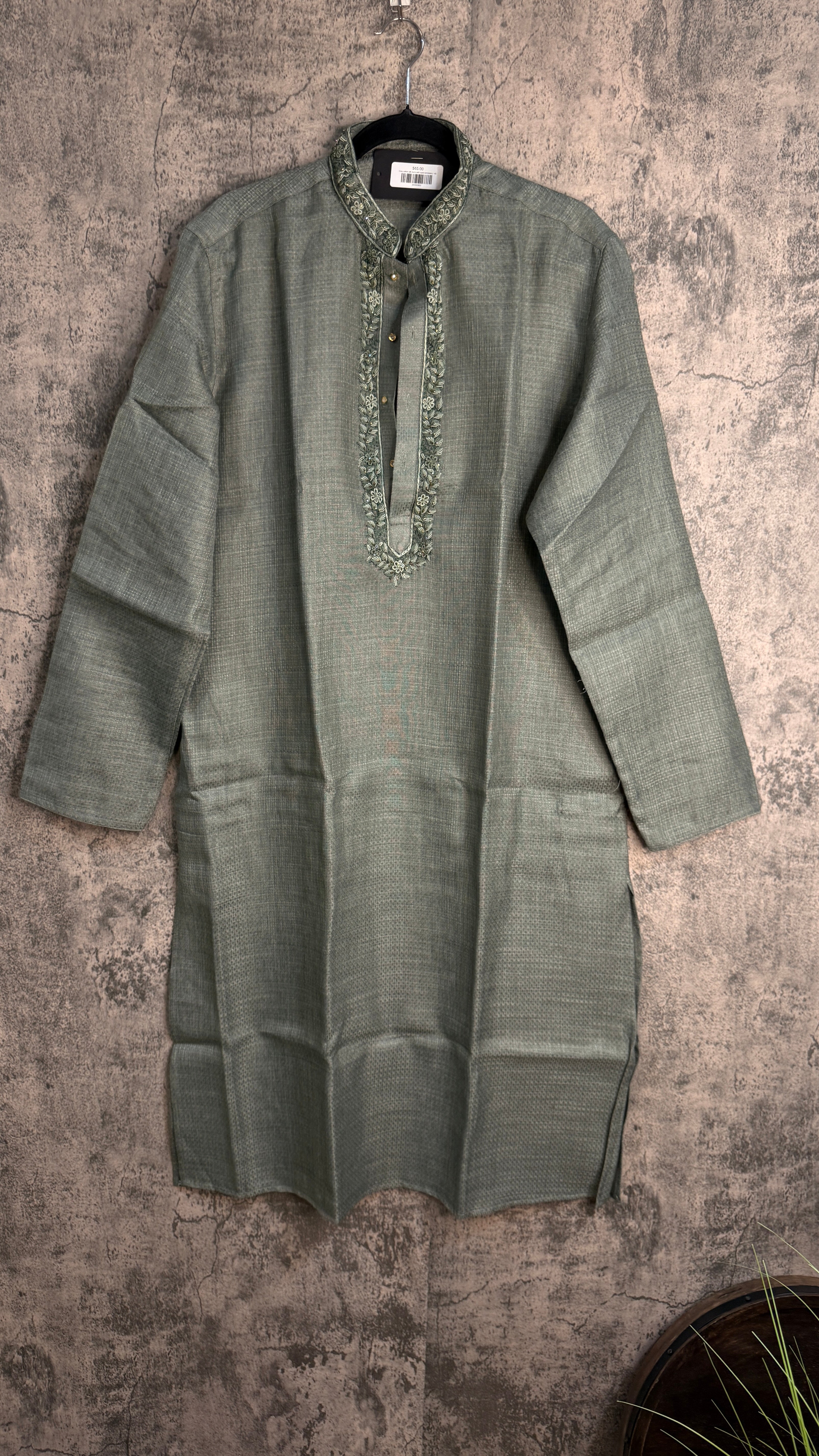 Grey linen silk kurta with hand emroidery - 44