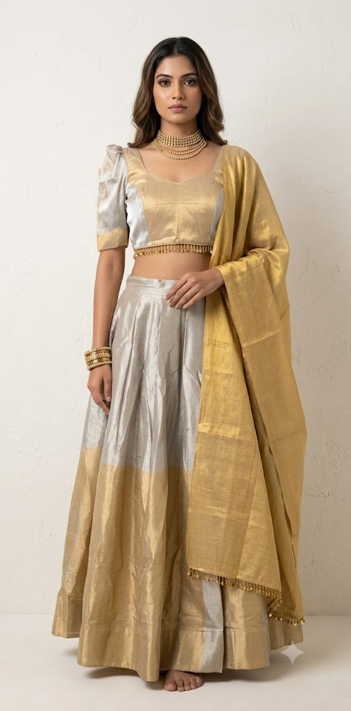 Cotton tissue 8m flare skirt, blouse and dupatta