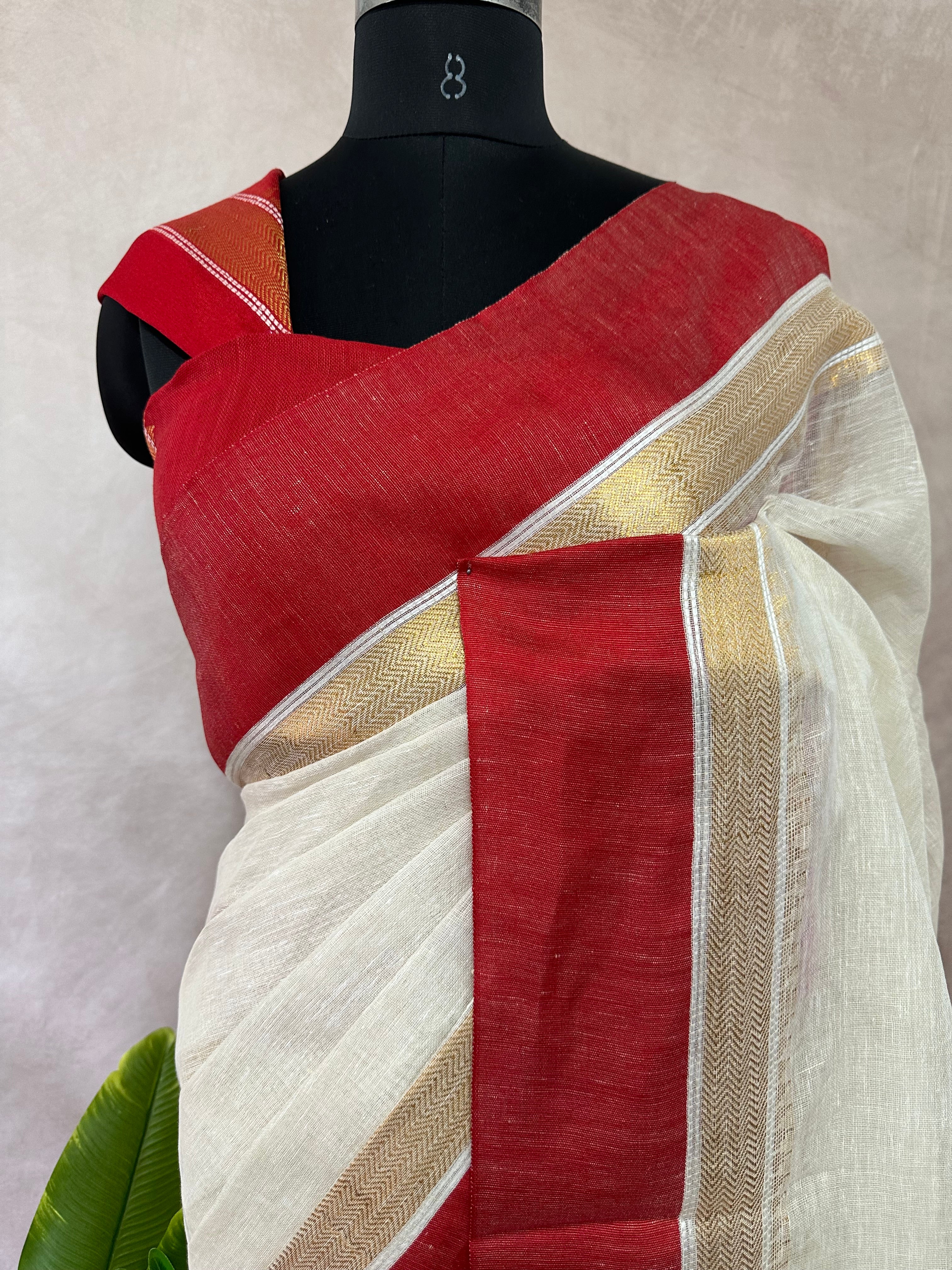 Red and gold border pure linen saree