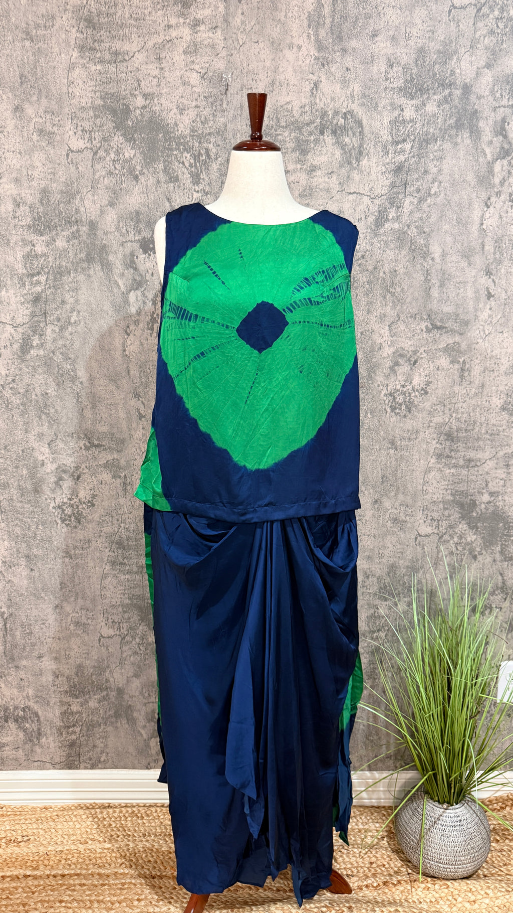 Navy blue modal silk designer top with drape skirt
