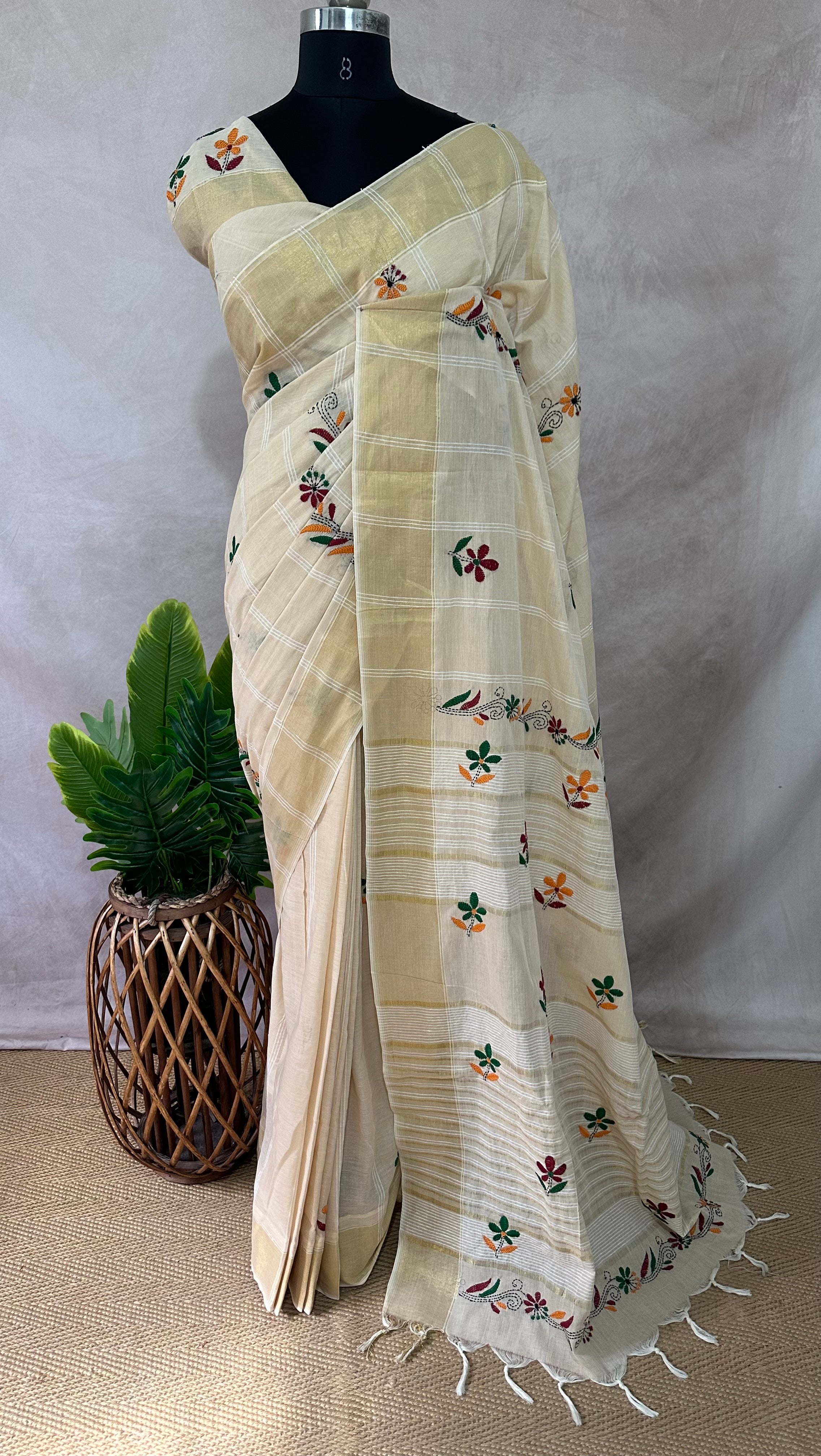 Hanloom cotton saree with kantha work
