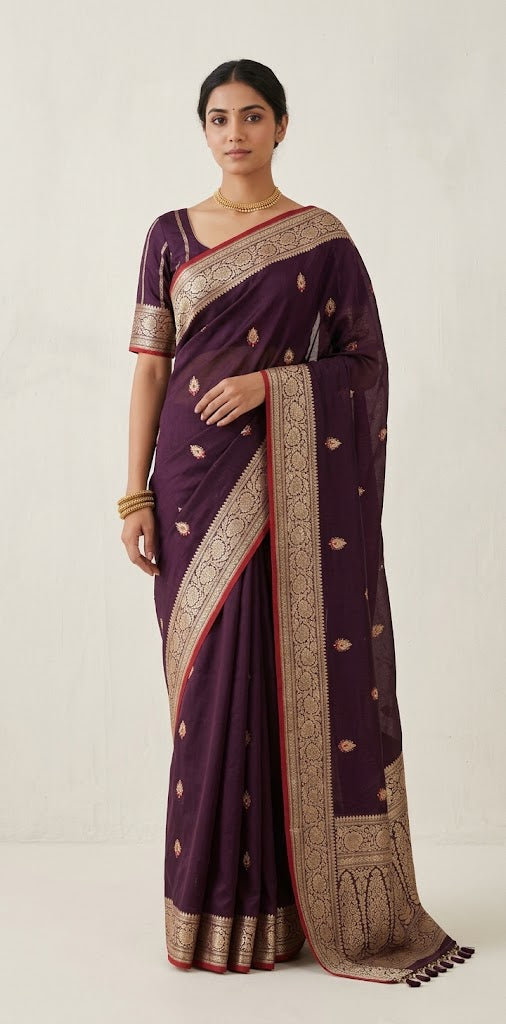 Banarsi cotton silk handloom saree with stitched blouse