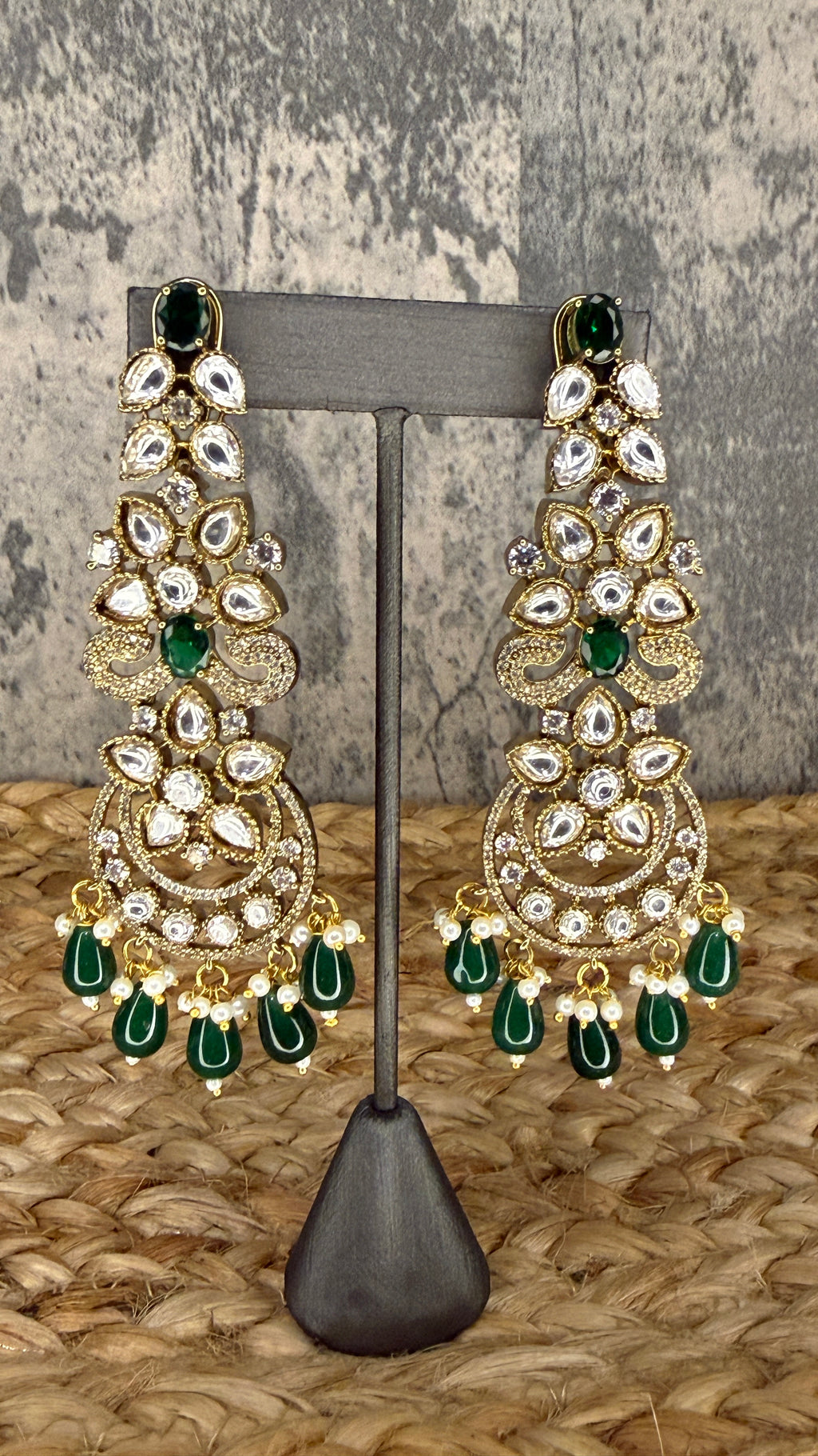 Designer replica earring with green and moissanite stone
