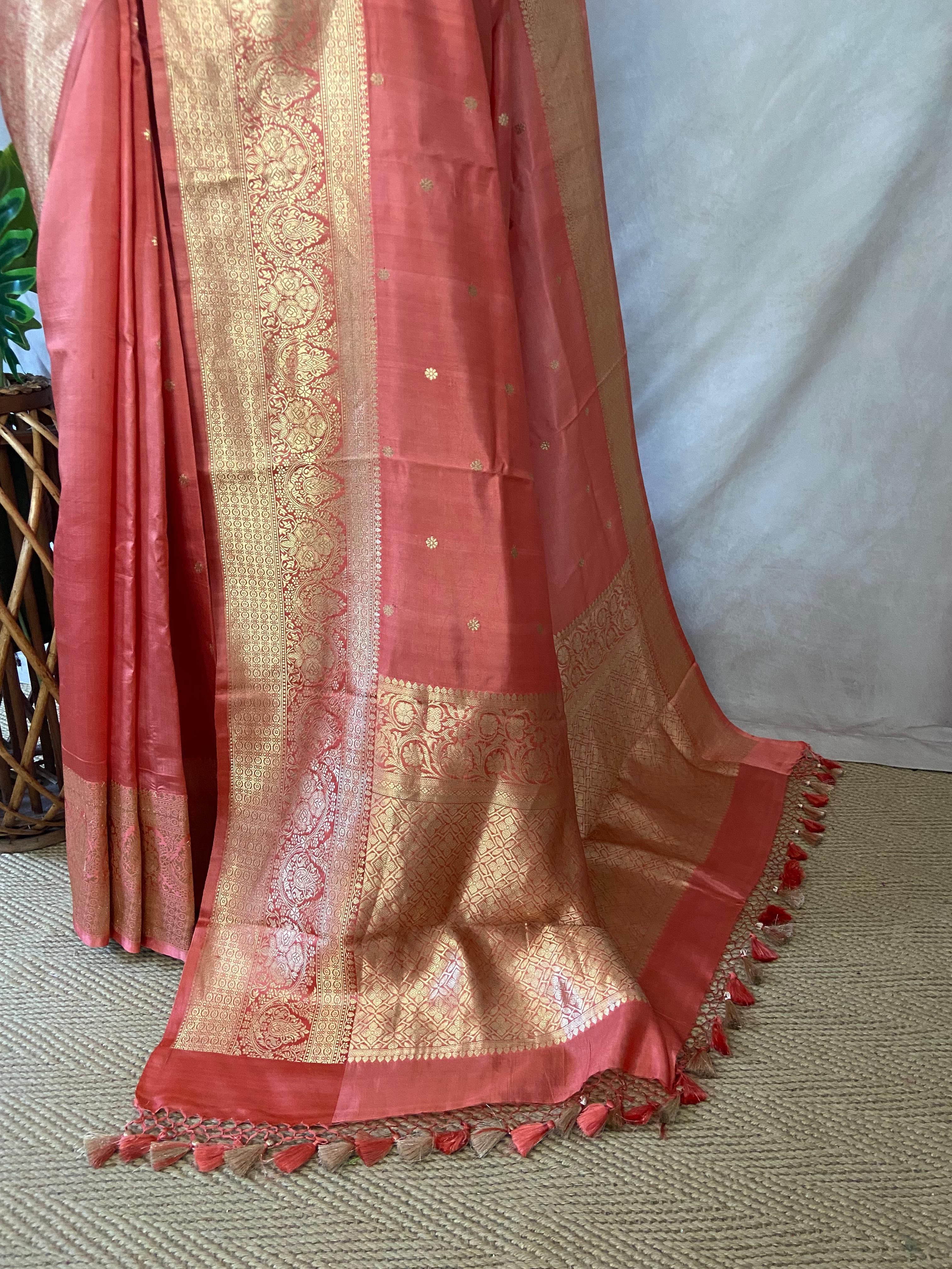 Peach pink pure raw mango silk saree with stitched blouse