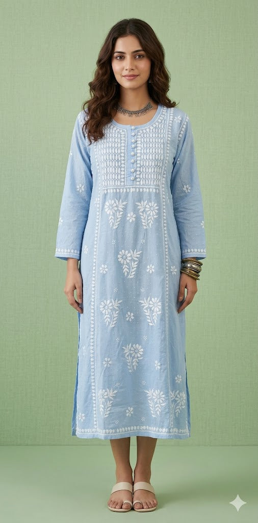 Light blue pure cotton kurti with chikankari work