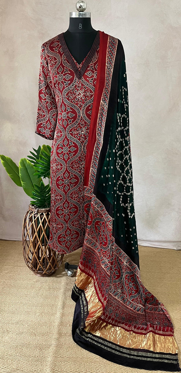 Modal silk kurti with Ajrakh hand block print