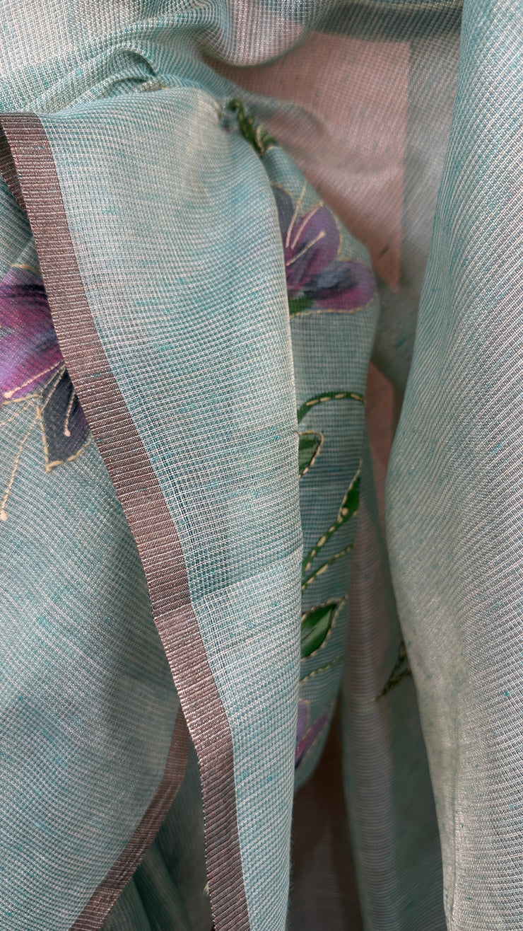 Kotta tissue silk saree with hand paint and work , with stitched blouse
