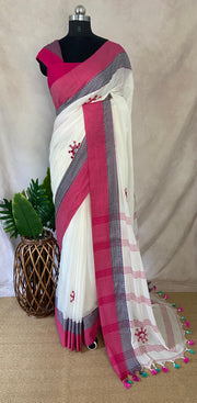 Off white cotton saree with mirror work, with BP