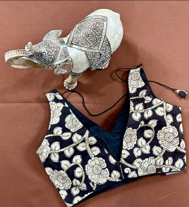 Black kalamkari blouse with sequins and bead work