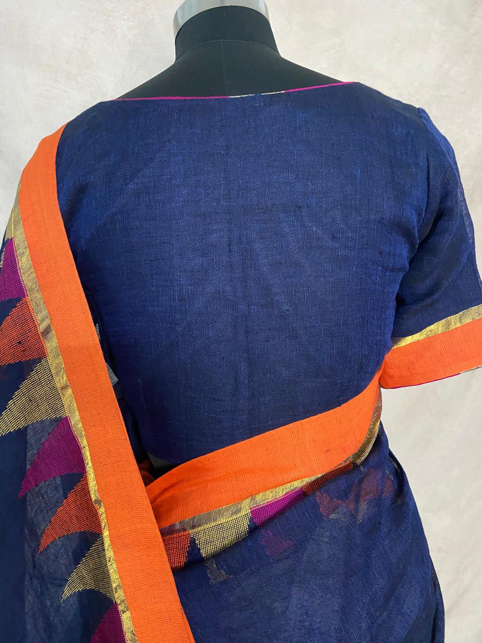 Linen temple border jamdani with stitched blouse