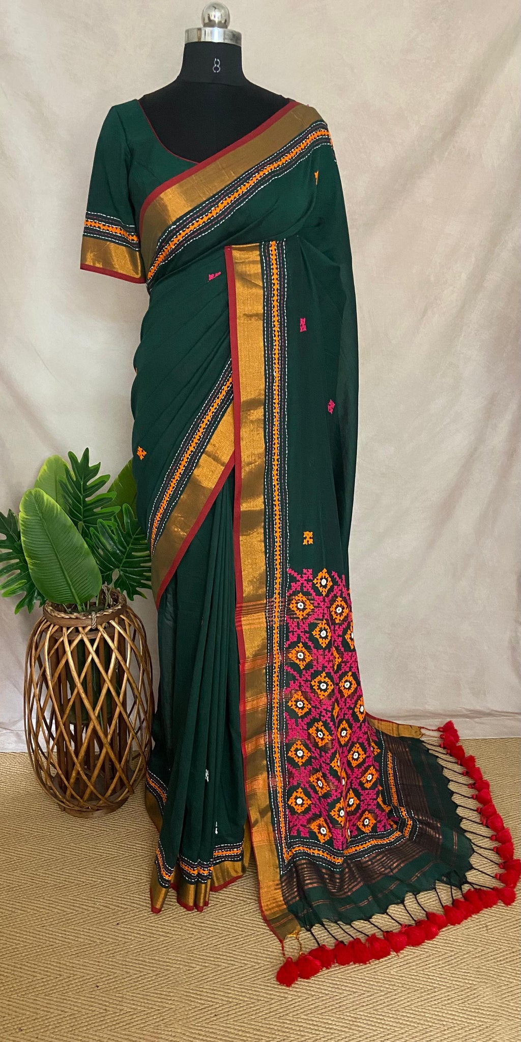 Green cotton saree with kutch work and stitched blouse