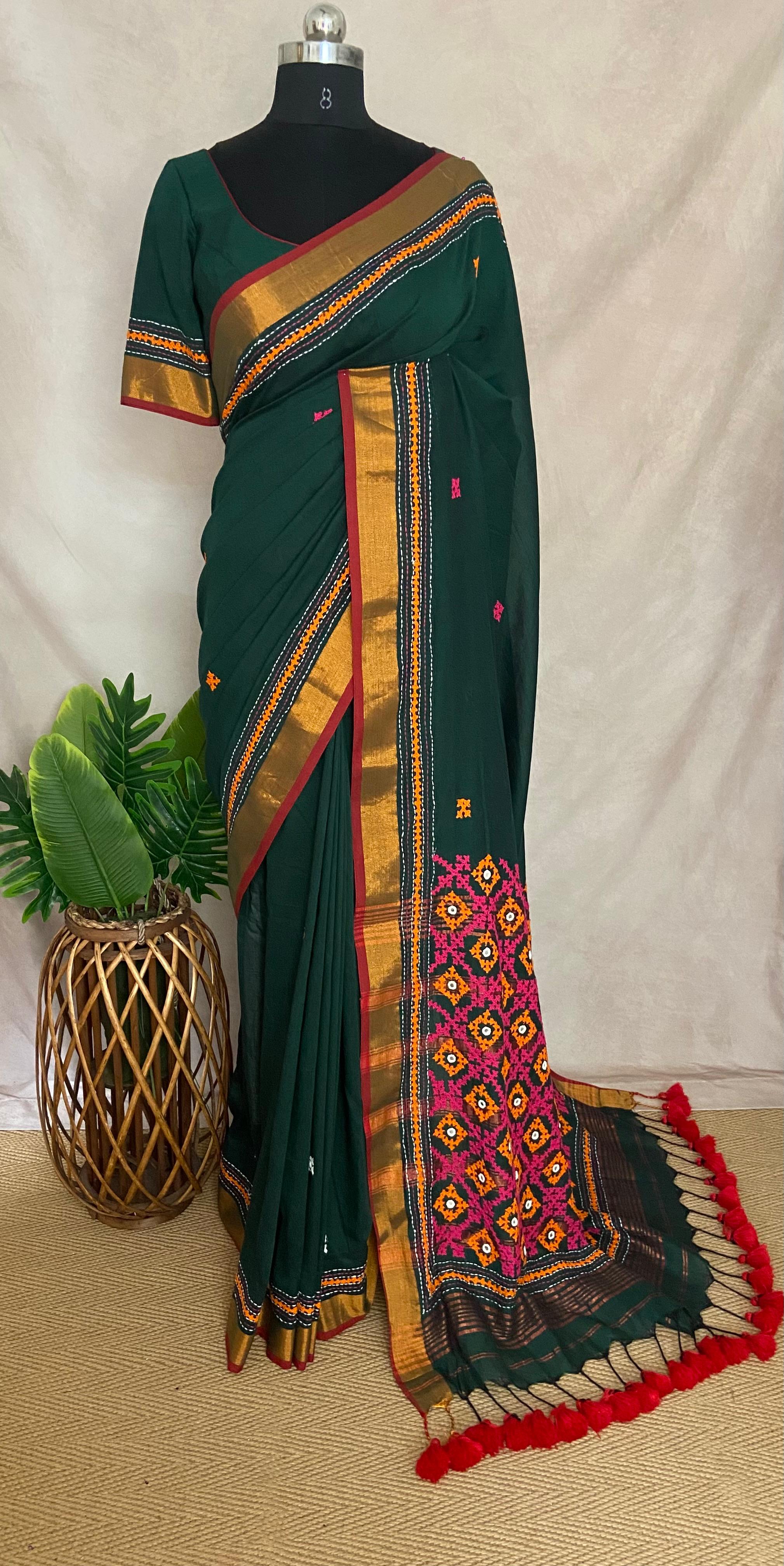 Green cotton saree with kutch work and stitched blouse