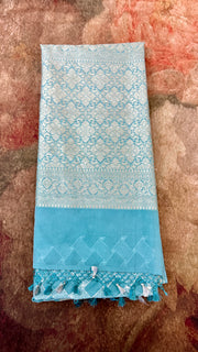 Light blue pure banarsi georgette saree with chikan work, stitched blouse