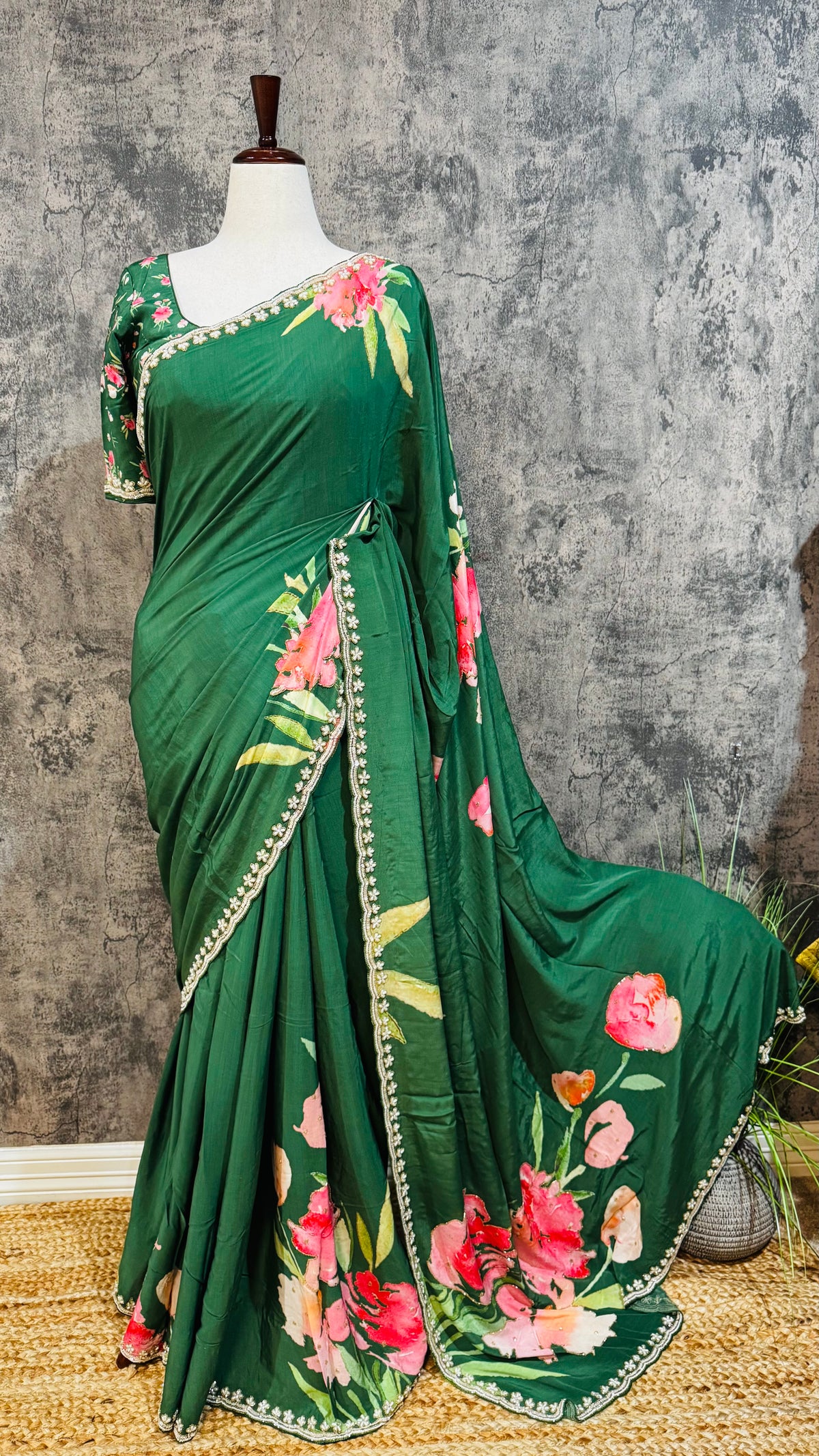Forest green chinon digital Printed saree with bead work and stitched blouse