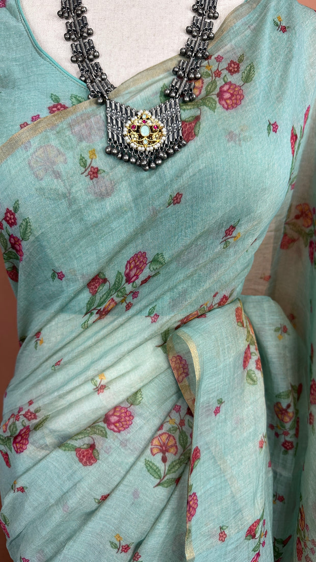 Tissue chanderi printed cotton saree with stitched blouse