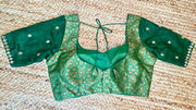 Green brocade silk blouse with mirror work