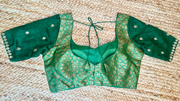 Green brocade silk blouse with mirror work