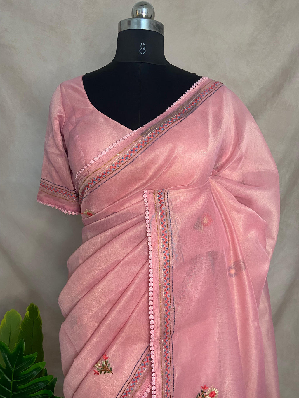 Tissue cotton saree with handwork and stitched blouse