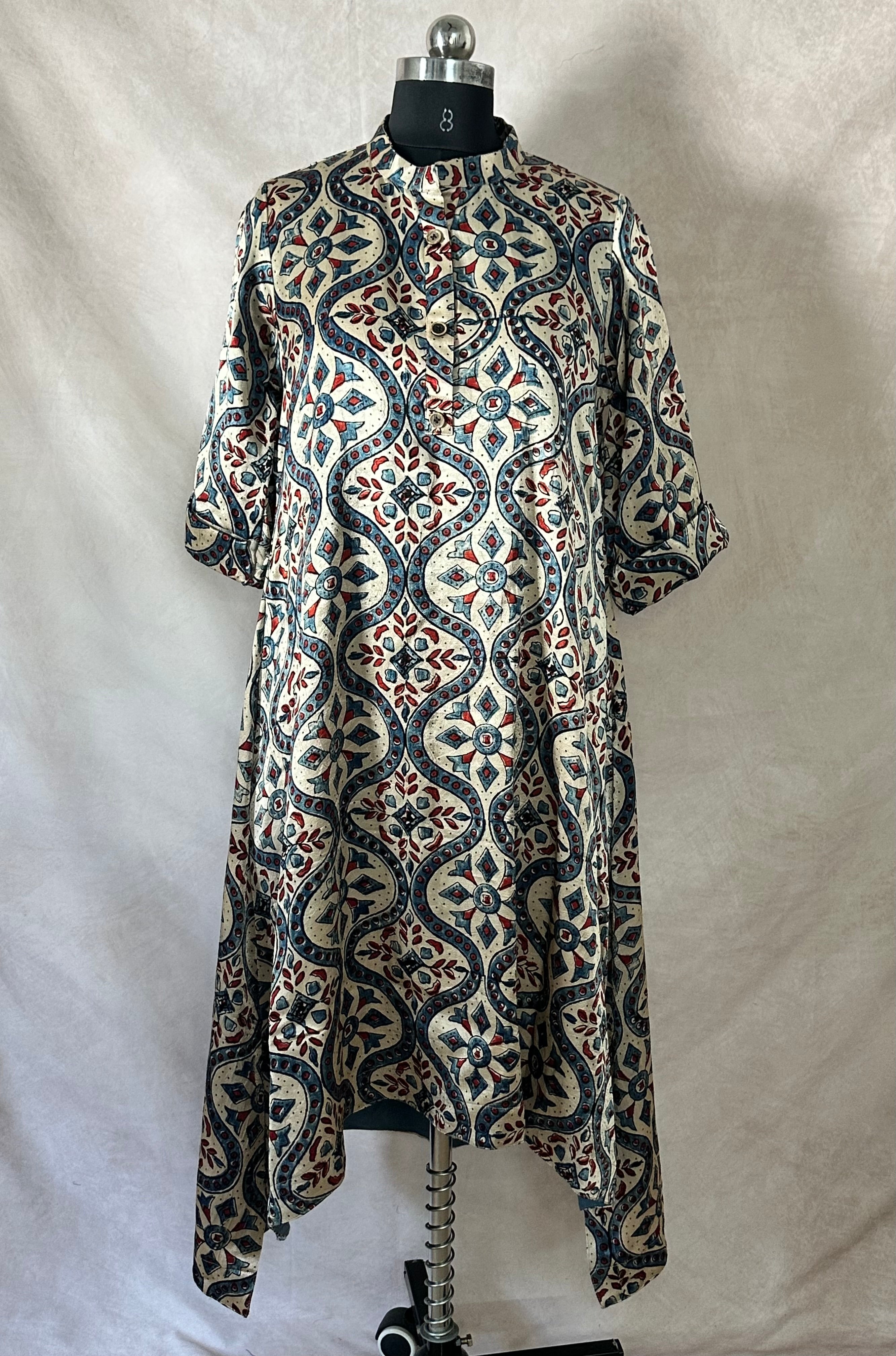 Cream and blue mashru ajrakh dress with high low pattern