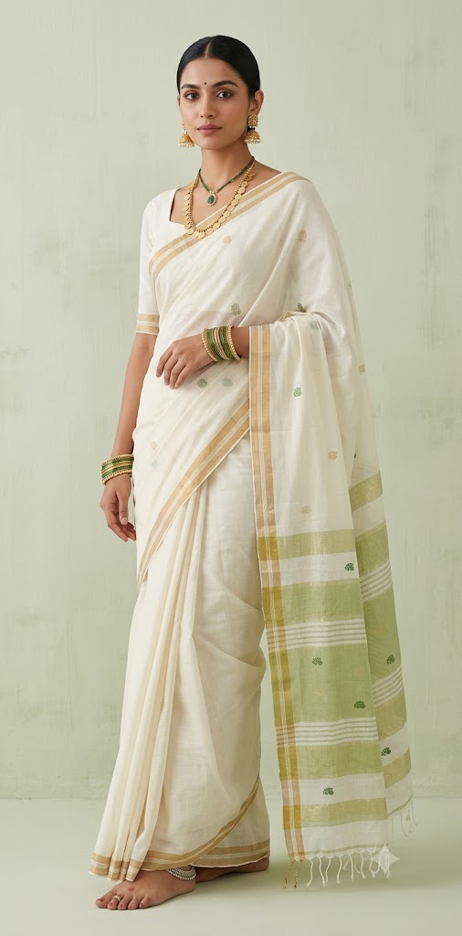 Green and gold pure cotton handloom saree with jamdanni weave