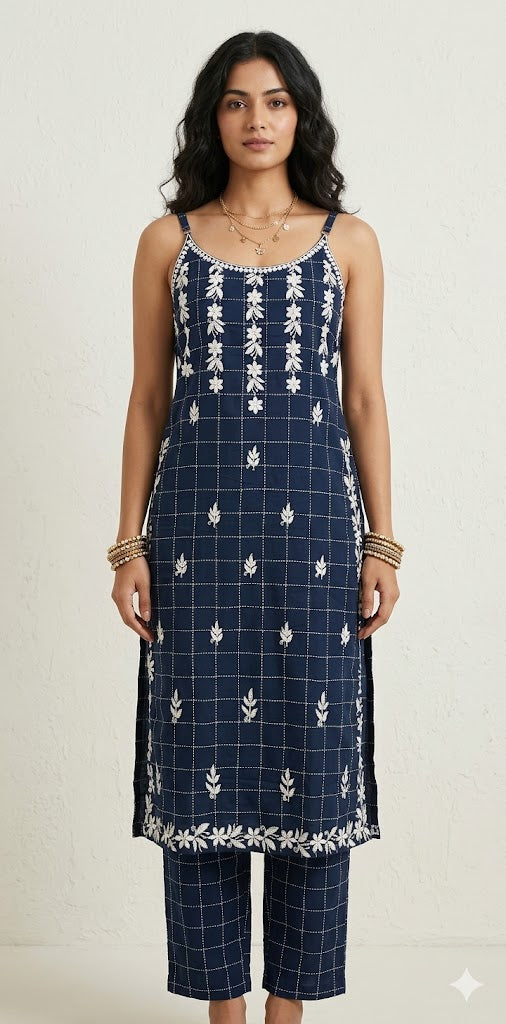 Navy blue  sleeveless kurti with chikankari kurti with bottom
