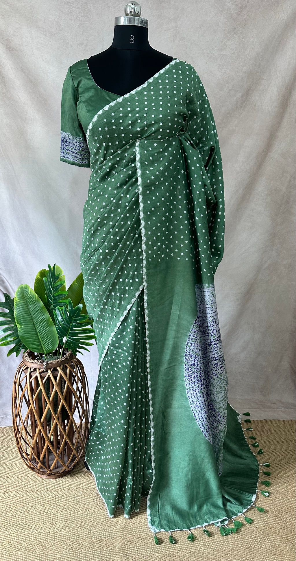 Pure chanderi silk saree with Bandhini and shibori work, stitched blouse