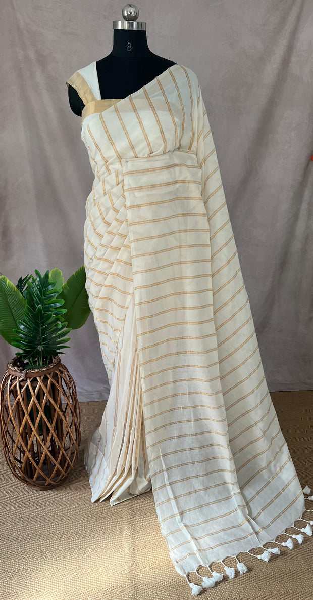 Mulcotton saree with gold stripes