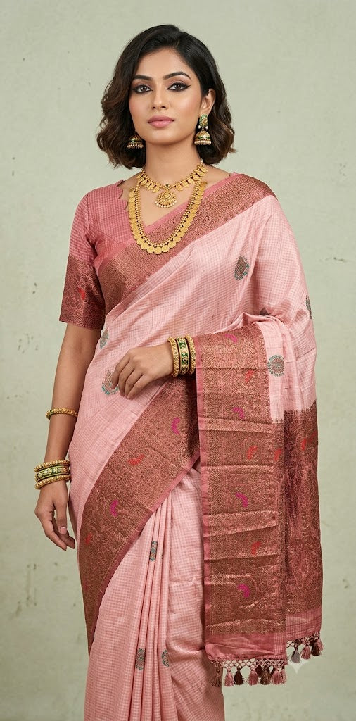 Light pink dupion silk saree with meenakari weave and stitched blouse