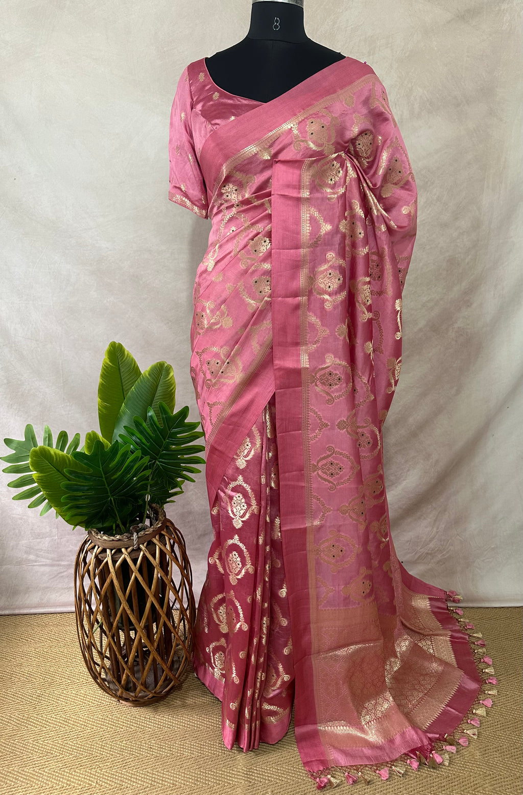 Raw mango meena jal saree with stitched blouse