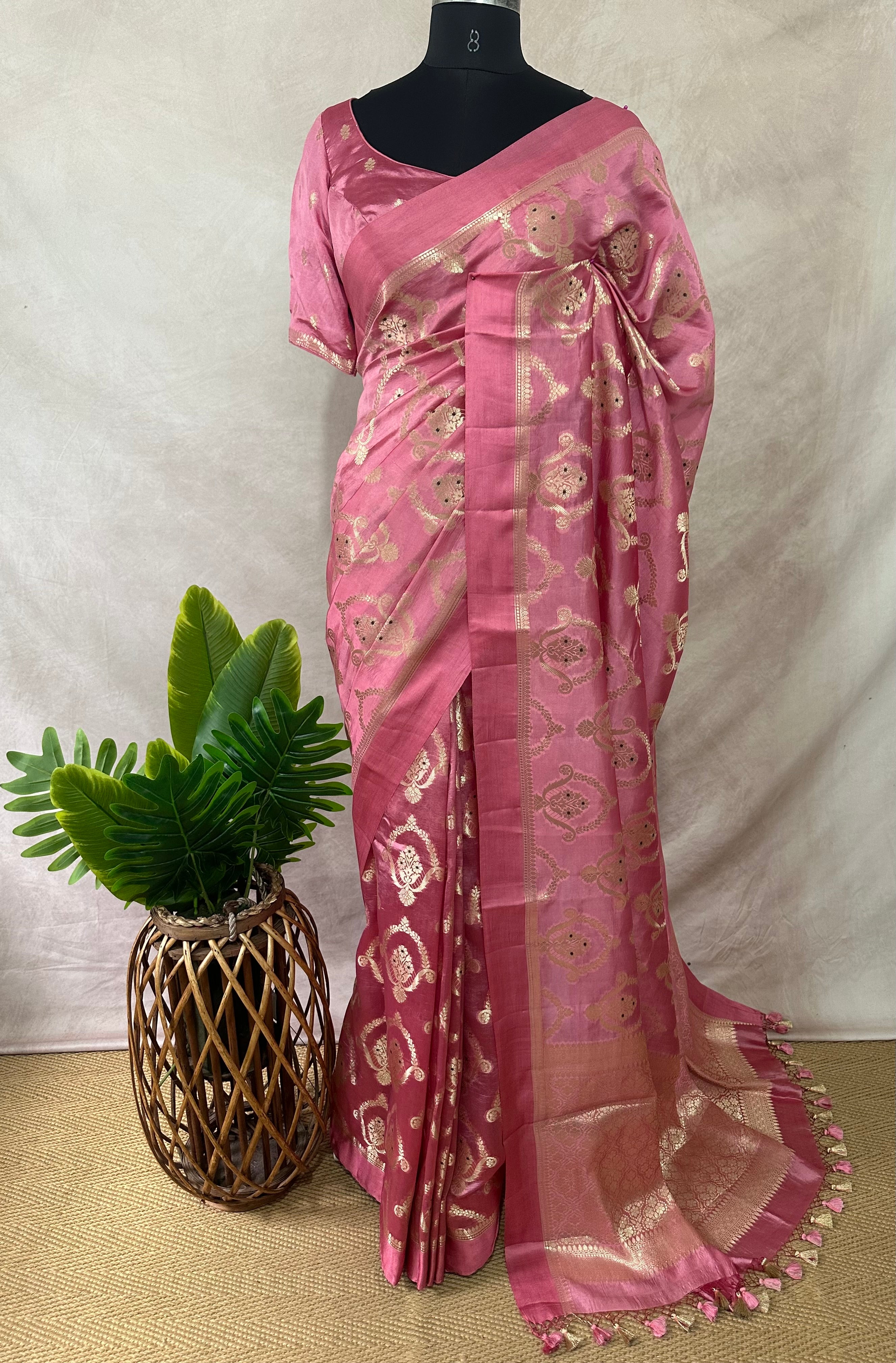 Raw mango meena jal saree with stitched blouse