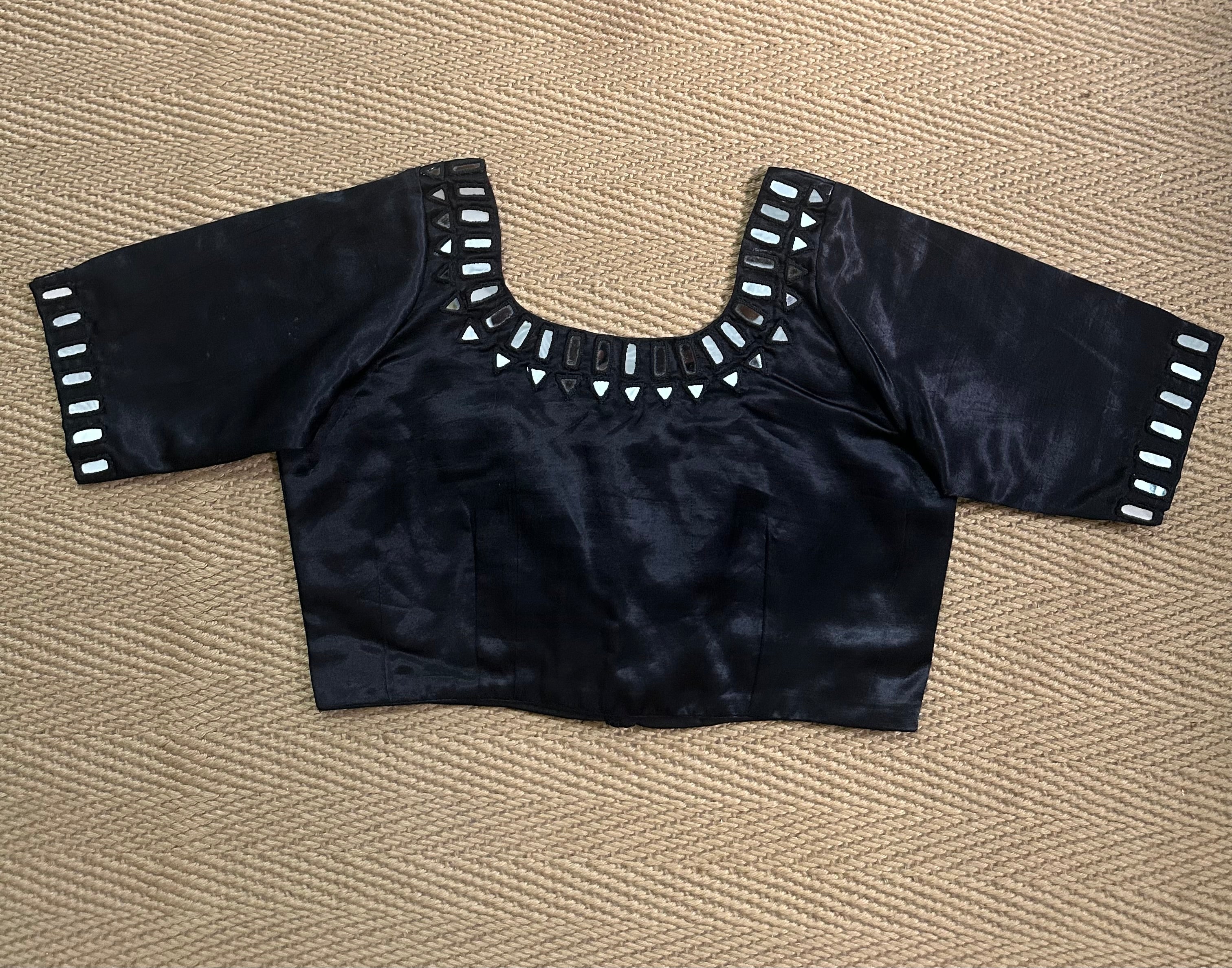 Black modal silk blouse with mirror work