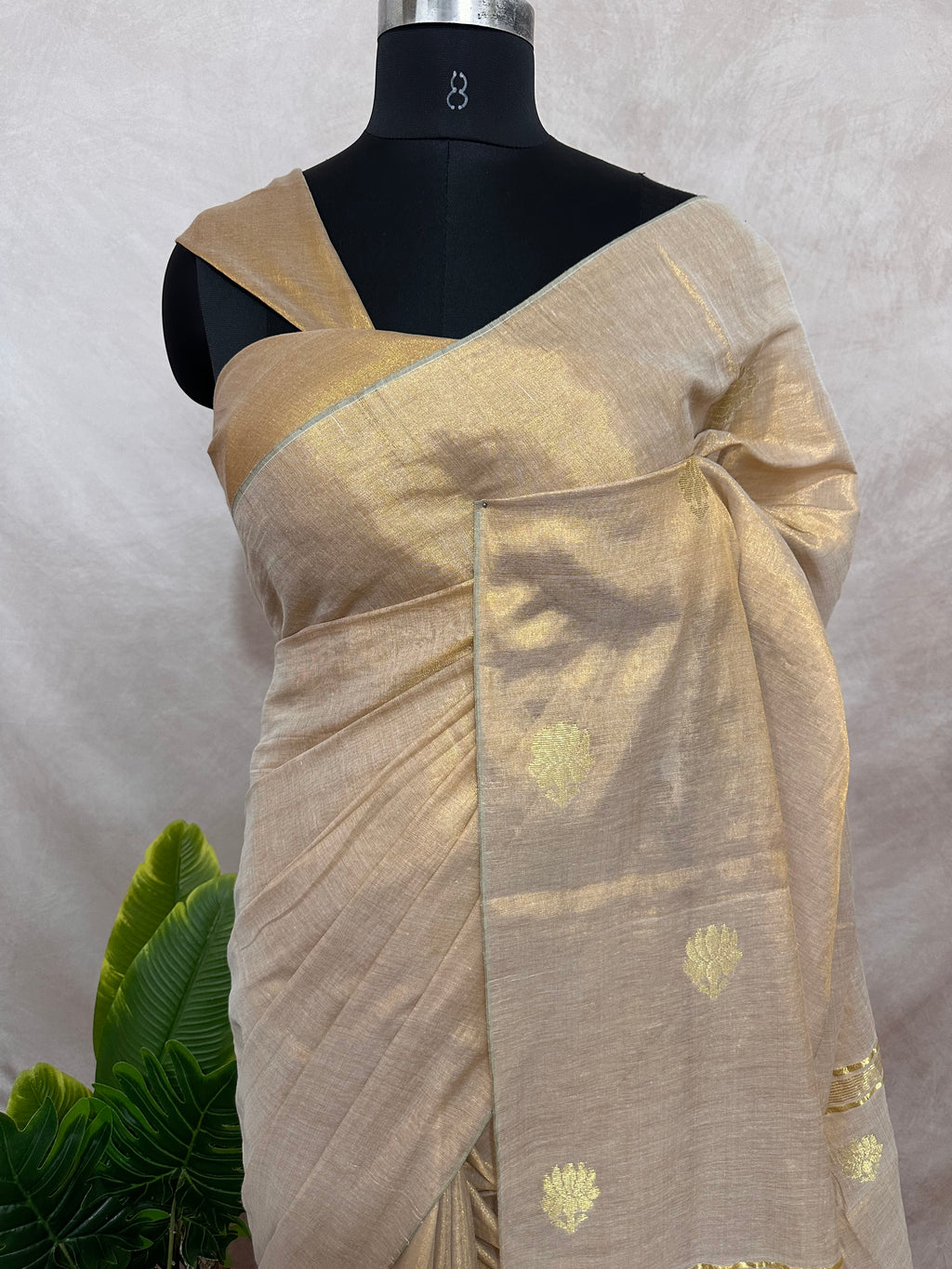 Handloom Gold cotton tissue saree with lotus jamdani weave ,