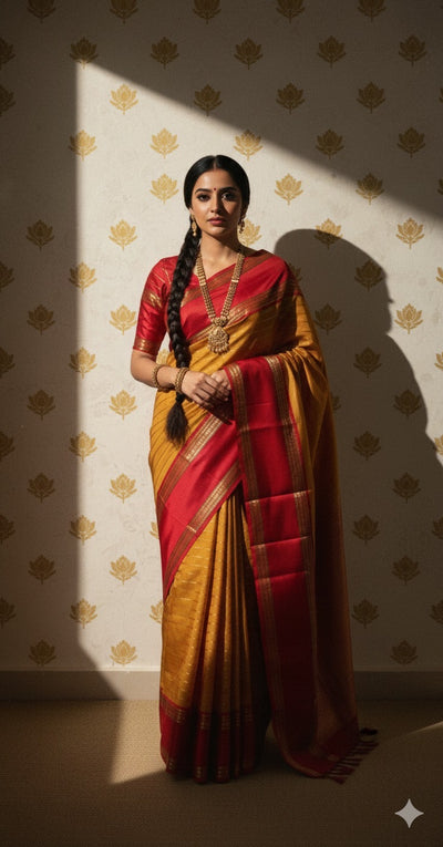 Mustard Yellow and Red Kanchivaram Saree With Stitched Blouse