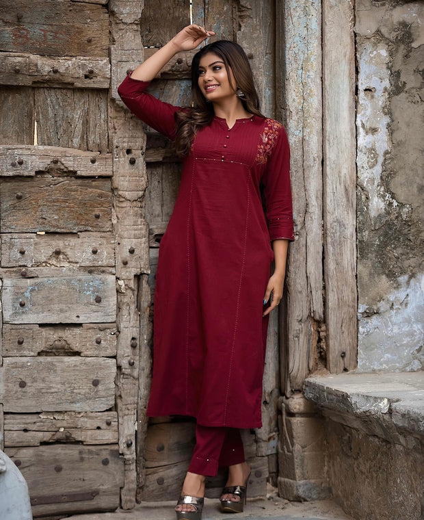 Maroon Cotton kurti with embroidery and bottom