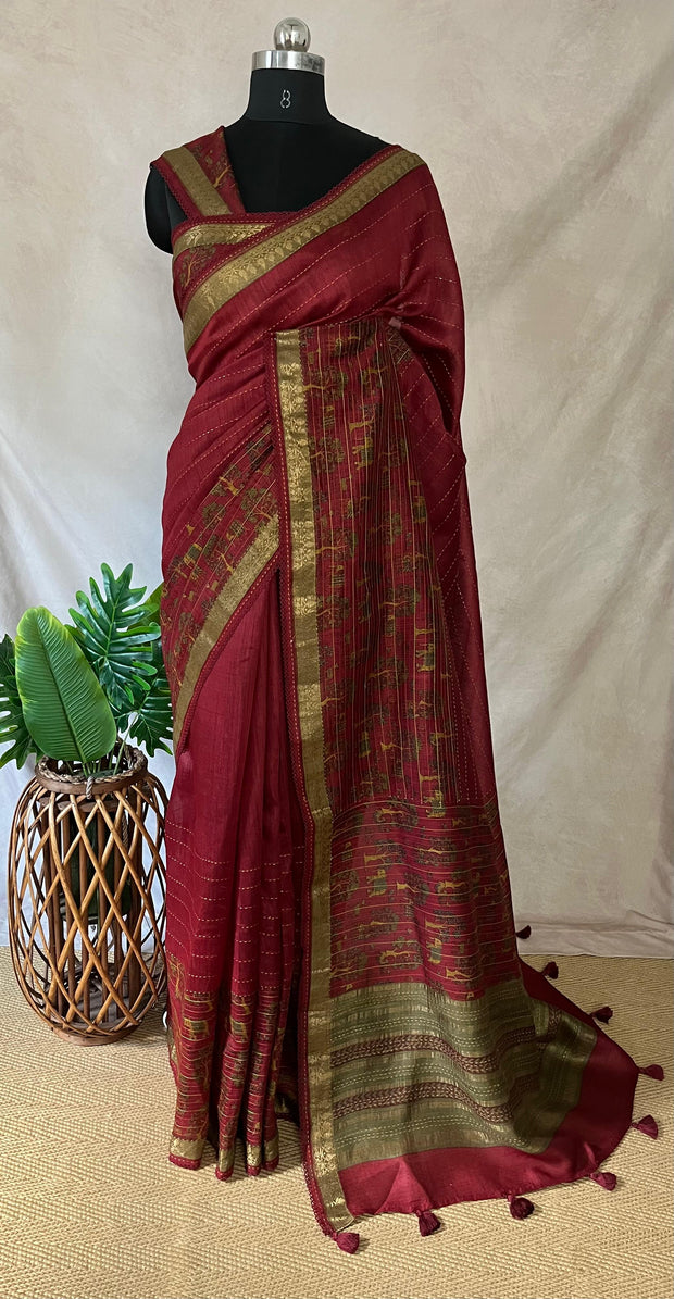 Maroon tussar silk saree the print and and kantha work , with BP