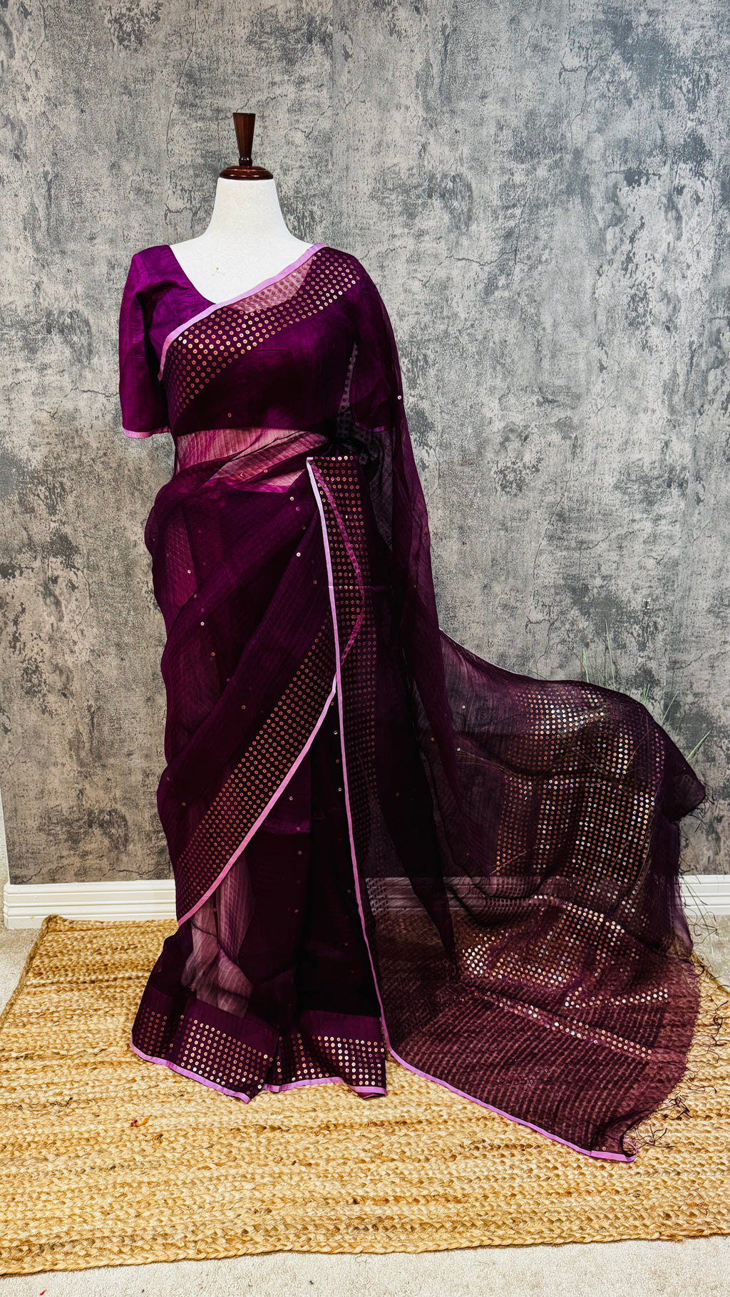 Muslin pure silk saree with sequins weave and stitched blouseSilk mark certified