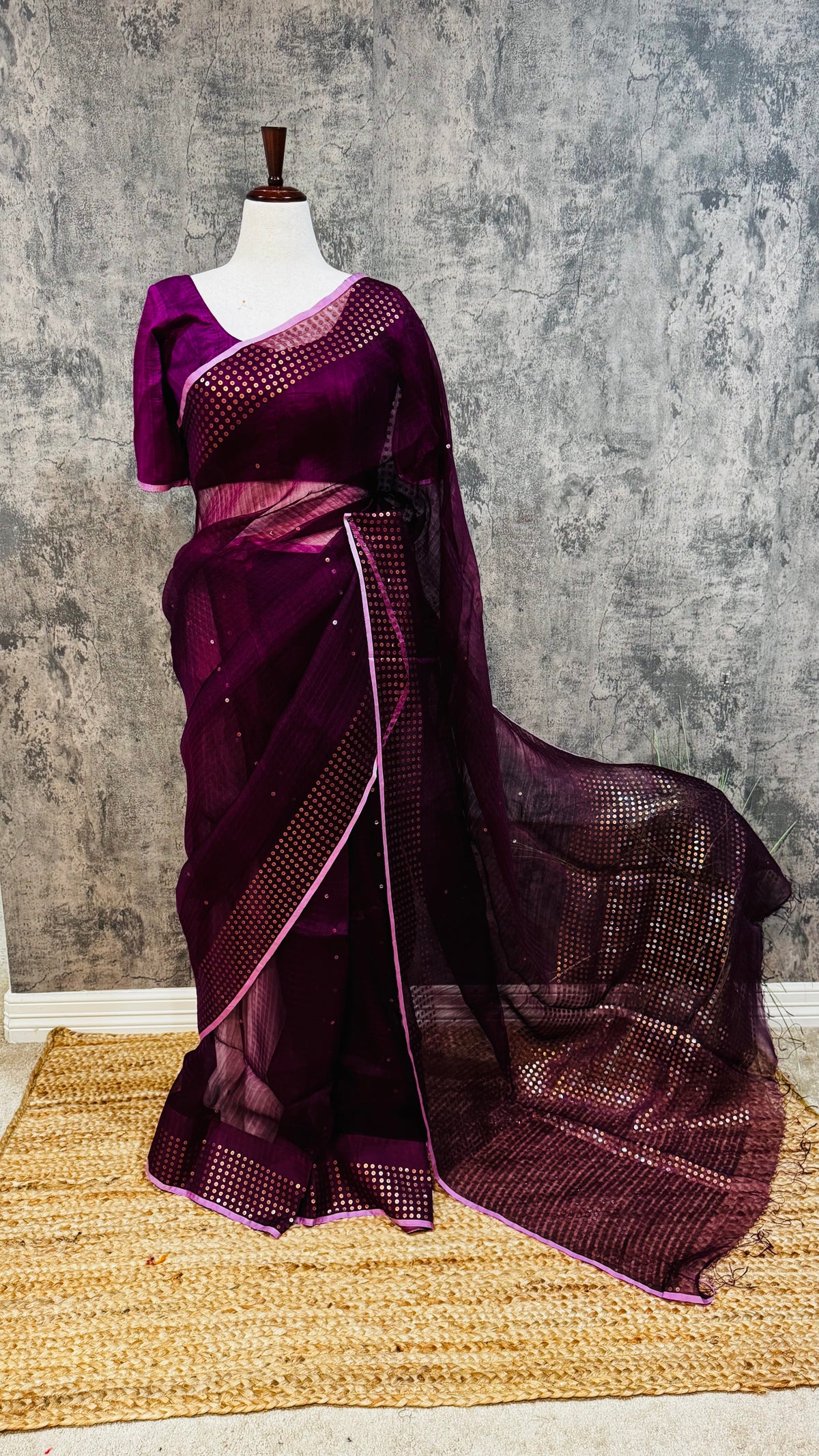 Muslin pure silk saree with sequins weave and stitched blouseSilk mark certified