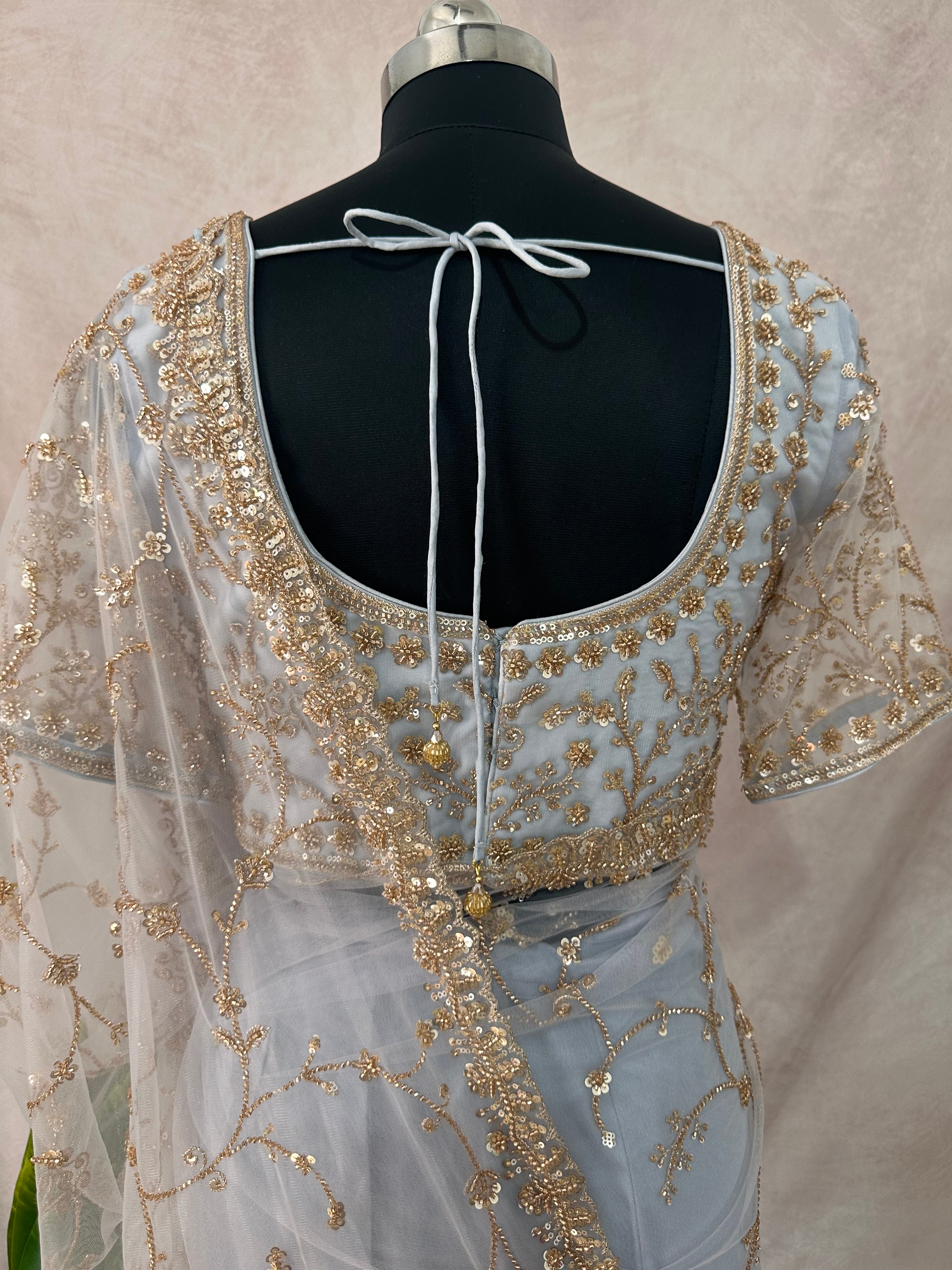 Heavy Embroidered Net Saree with stitched blouse and under skirt