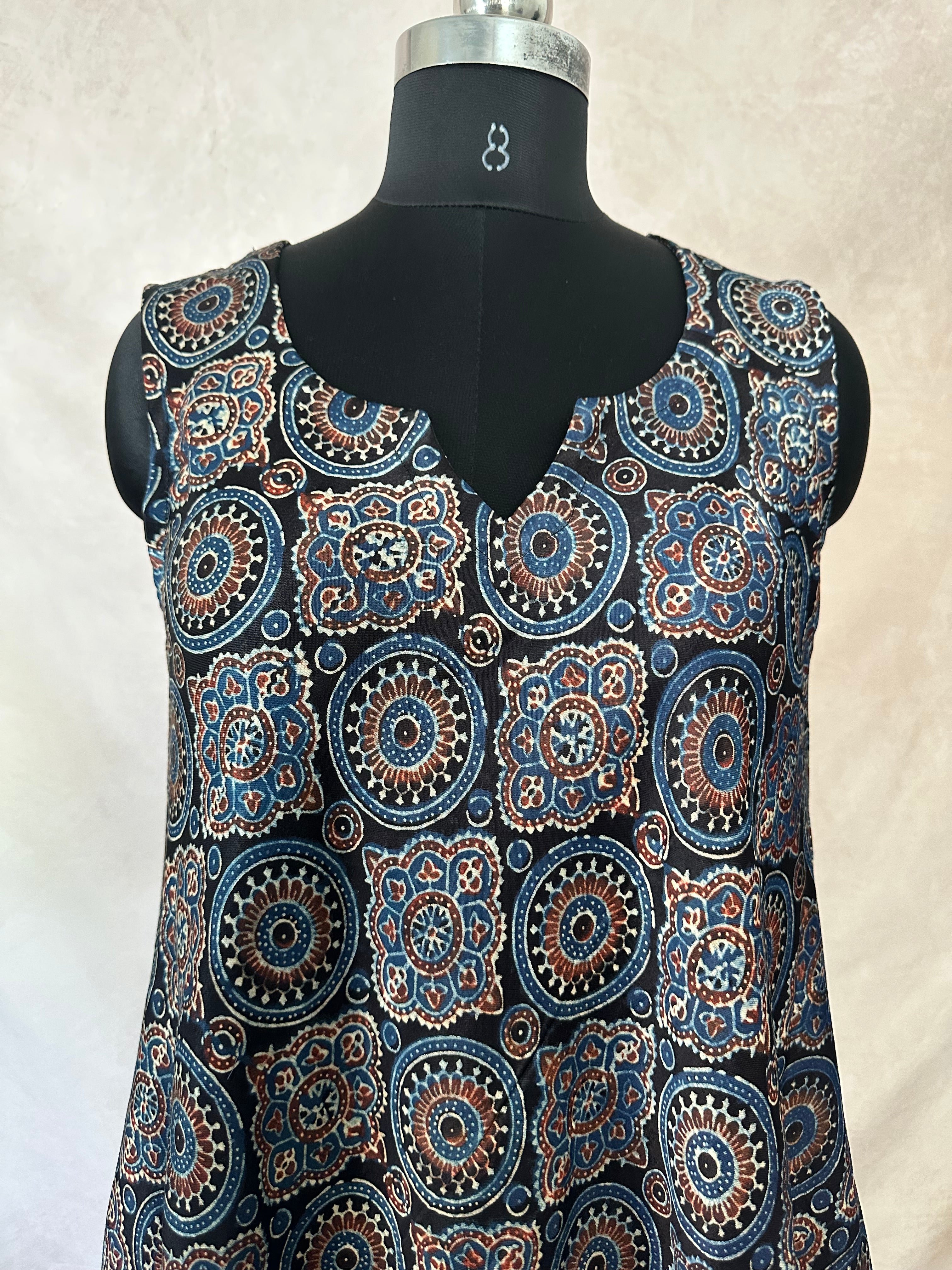 Mashru Ajrakh hand block printed a-line dress