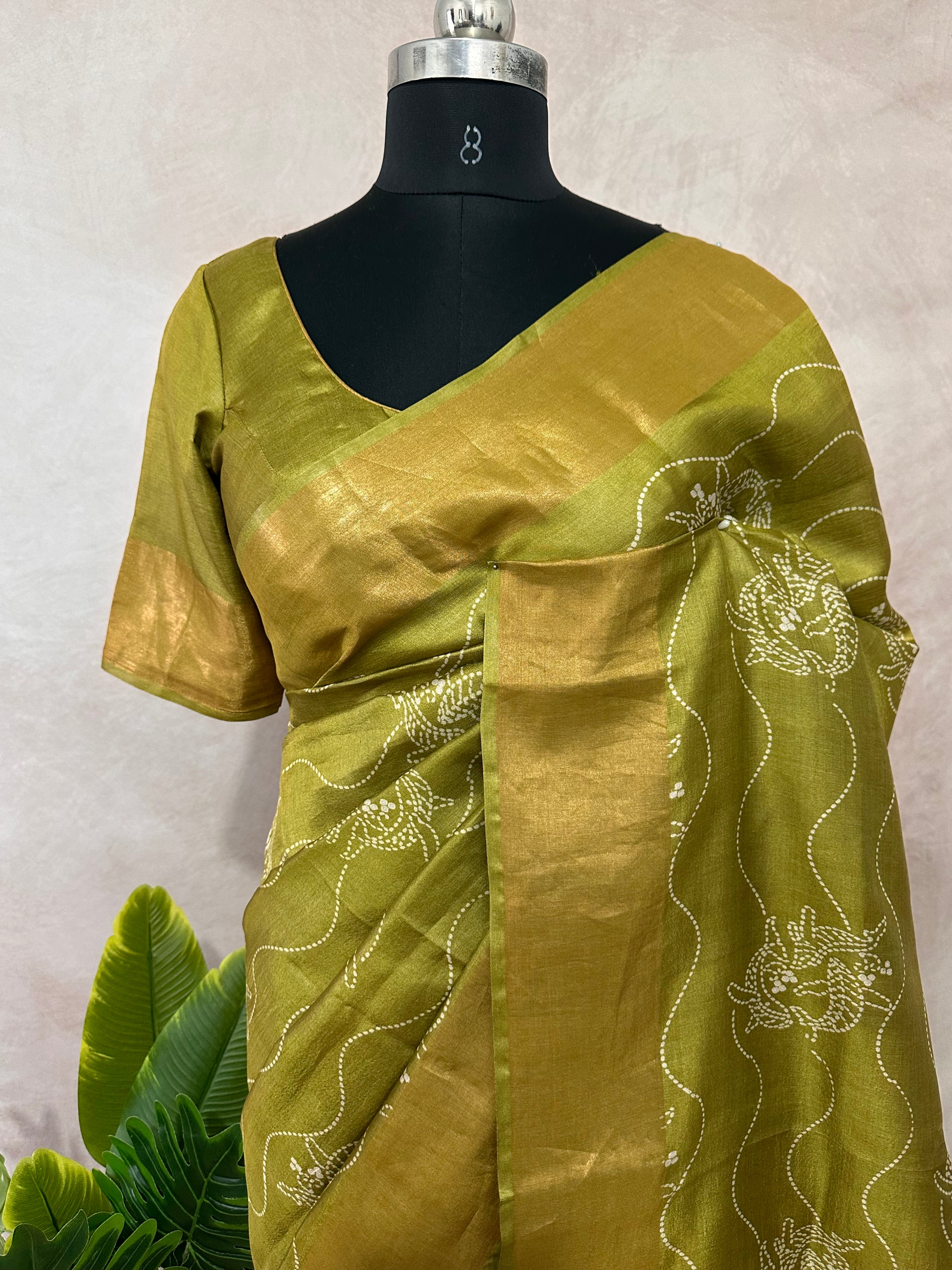 Printed tussar pure silk saree with stitched blouse