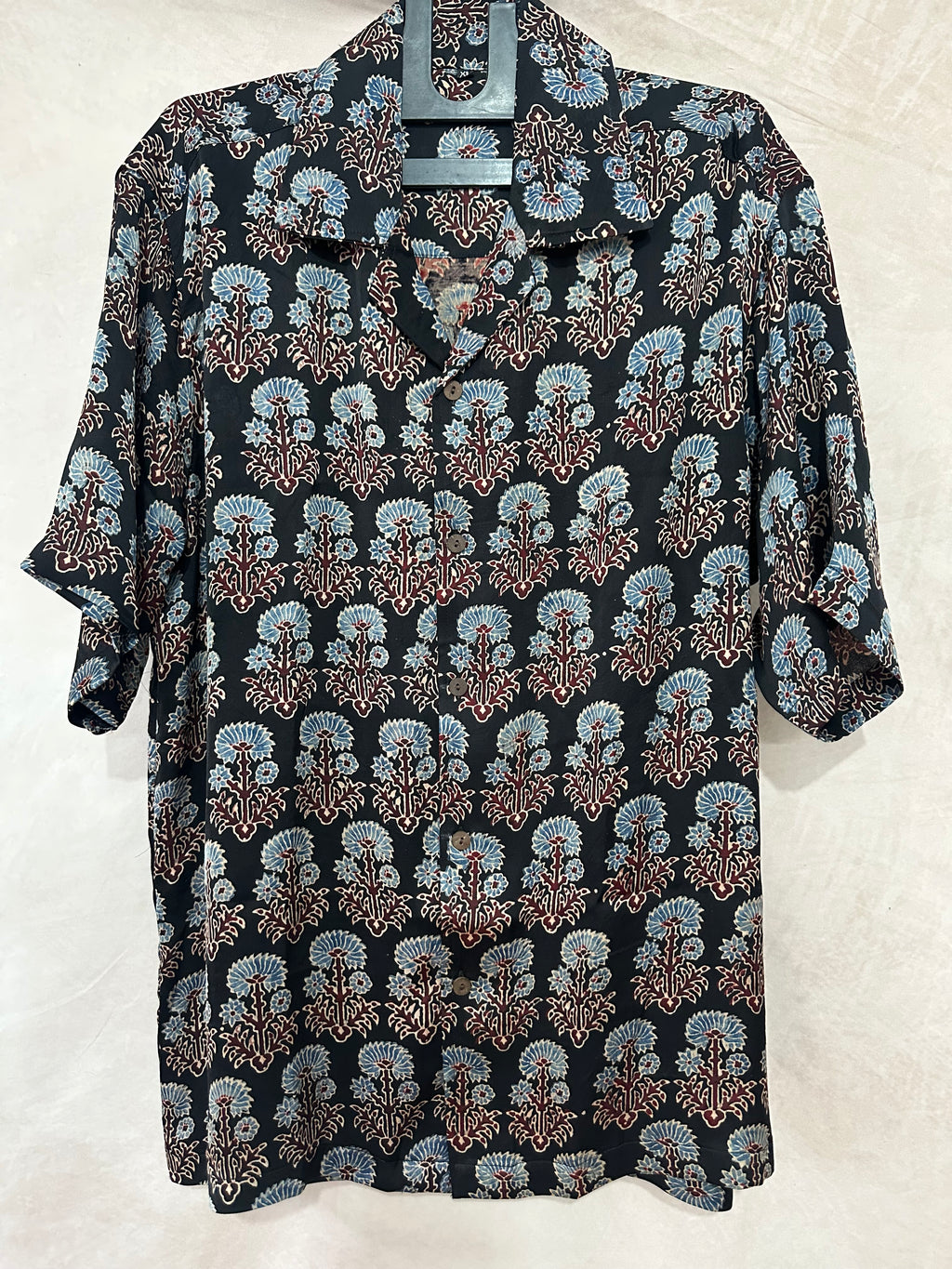 Ajrakh handblock printed Cuban colar shirts in pure modal silk