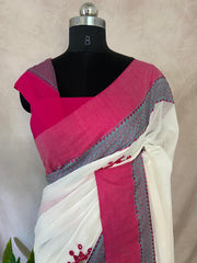 Off white cotton saree with mirror work, with BP