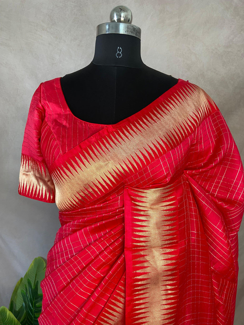 Red pure raw mango silk saree with stitched blouse